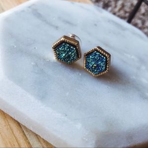 Chameleon & Gold Hexagon Druzy Stud Post Earrings Green Jewelry